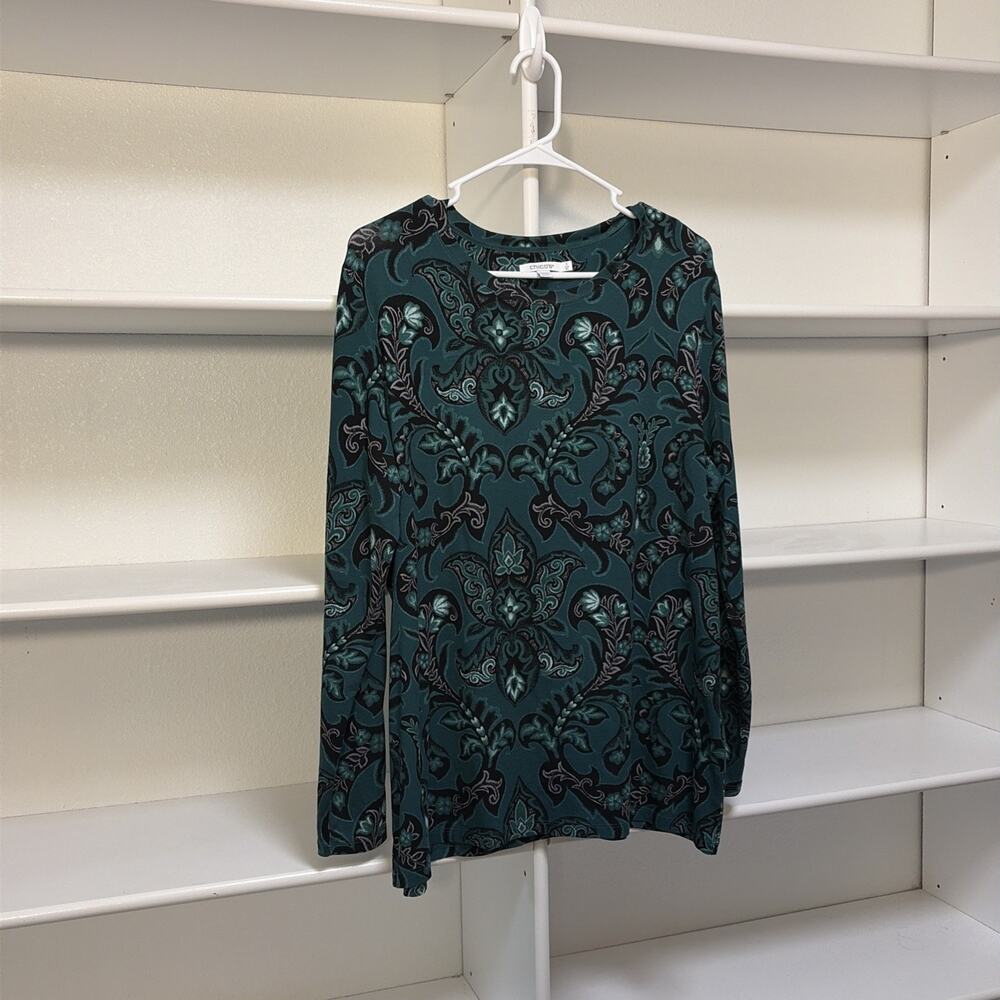 Chico's Touch Of Cool 3/4 Sleeve Green Paisley Print Tunic - 3 (XL) Holiday